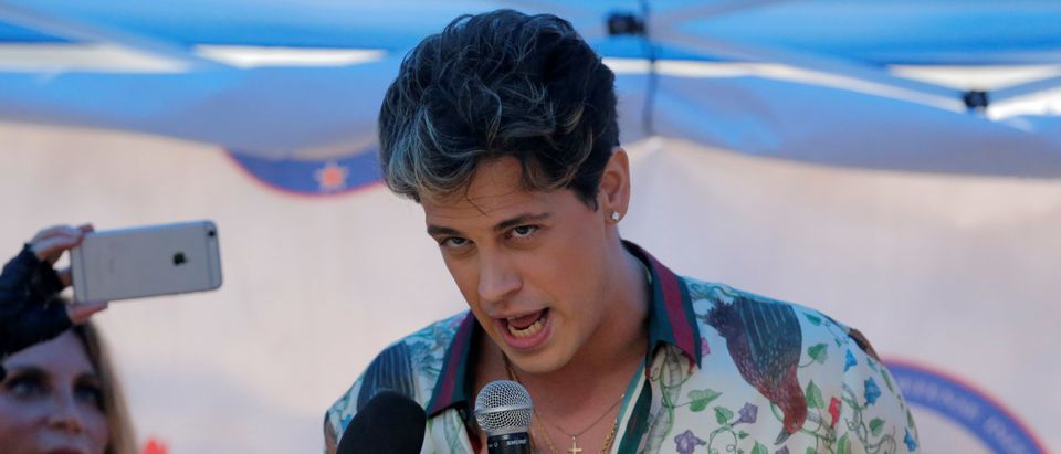 Milo Yiannopoulos speaks during a protest against CUNY commencement speaker Linda Sarsour, former executive director of the Arab American Association in New York