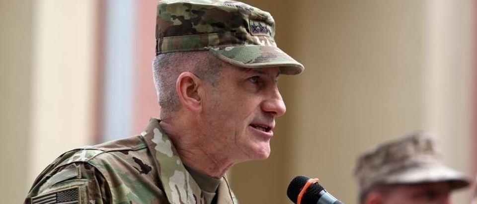 Incoming Commander of Resolute Support forces and U.S. forces in Afghanistan, U.S. Army General John Nicholson speaks during a change of command ceremony in Resolute Support headquarters in Kabul
