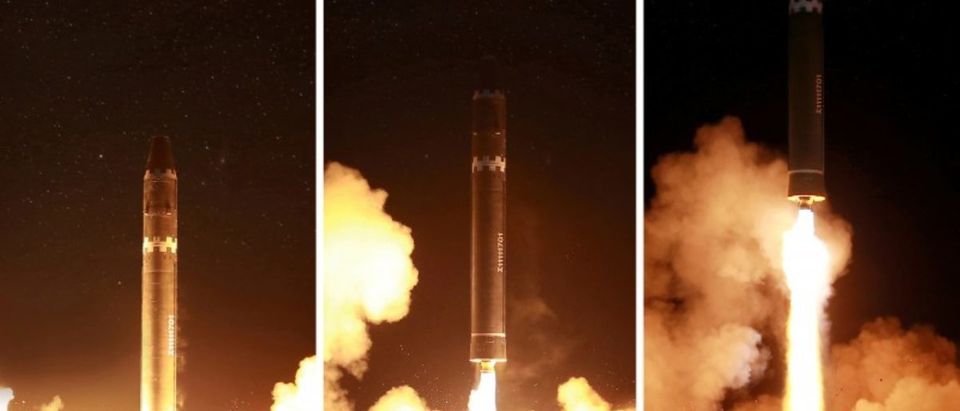 North Korea said the new missile reached an altitude of about 4,475 km (2,780 miles) - more than 10 times the height of the International Space Station - and flew 950 km (590 miles) during its 53-minute flight. REUTERS/KCNA