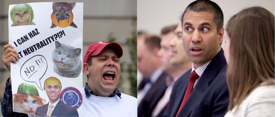 L: Proponents of net neutrality protest against Federal Communication Commission Chairman Ajit Pai outside the American Enterprise Institute before his arrival May 5, 2017 in Washington, DC. (Photo by Chip Somodevilla/Getty Images) R: Federal Communication Commission Chairman Ajit Pai (2nd R) prepares to deliver remarks and participate in a discussion at The American Enterprise Institute for Public Policy Research May 5, 2017 in Washington, DC. (Photo by Chip Somodevilla/Getty Images)