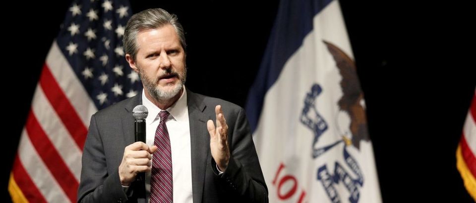 Jerry Falwell Jr., president of Liberty University, introduces U.S. Republican presidential candidate Donald Trump at a campaign town hall in Davenport, Iowa January 30, 2016. REUTERS/Rick Wilking/File Photo