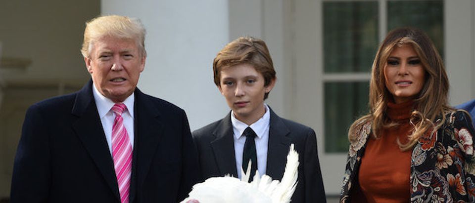 President Donald Trump, first lady Melania Trump and their son Barron look on after Trump pardoned the turkey, Drumstick, during the ceremony at the White House in Washington, D.C., on Nov. 21, 2017. (Photo: ANDREW CABALLERO-REYNOLDS/AFP/Getty Images)