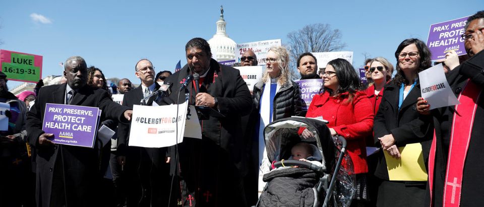 Rev. Dr. William J. Barber speaks during a protest against the repeal of the Affordable Care Act outside the Capitol Building in Washington, U.S., March 22, 2017. REUTERS/Aaron P. Bernstein