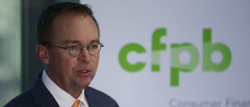 FILE PHOTO - OMB Director Mulvaney speaks to the media at the U.S. Consumer Financial Protection Bureau in Washington