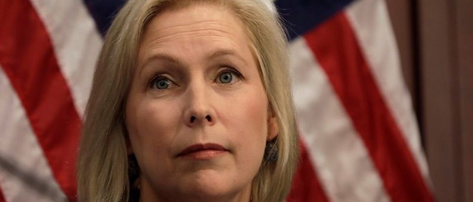 U.S. Senator Kirsten Gillibrand (D-NY) pauses during a news conference on Capitol Hill in Washington
