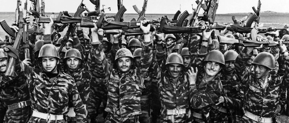 Soldiers of the Palestine Liberation Organization (PLO) jubilate after a military training in May 1967 before the six-day war. On 05 June 1967, Israel launched preemptive attacks against Egypt and Syria. In just six days, Israel occupied the Gaza Strip and the Sinai peninsula of Egypt, the Golan Heights of Syria, and the West Bank and Arab sector of East Jerusalem (both under Jordanian rule), thereby giving the conflict the name of the Six-Day War.(AFP/Getty Images)