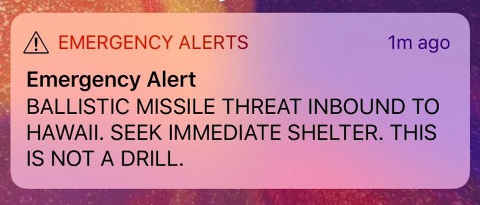 A screen capture from a Twitter account showing a missile warning for Hawaii