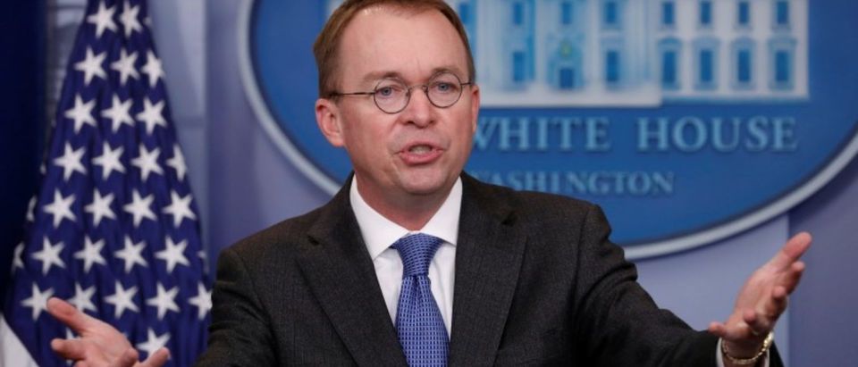 White House budget director Mick Mulvaney gestures as he holds a press briefing at the White House in Washington, U.S., January 19, 2018. REUTERS/Kevin Lamarque