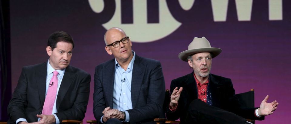 Executive producers (from L to R) Mark Halperin, John Heilmann and Mark McKinnon of the Showtime program "The Circus" speak at the Television Critics Association Winter Press Tour in Pasadena, California, January 12, 2016. (Photo: REUTERS/David McNew)