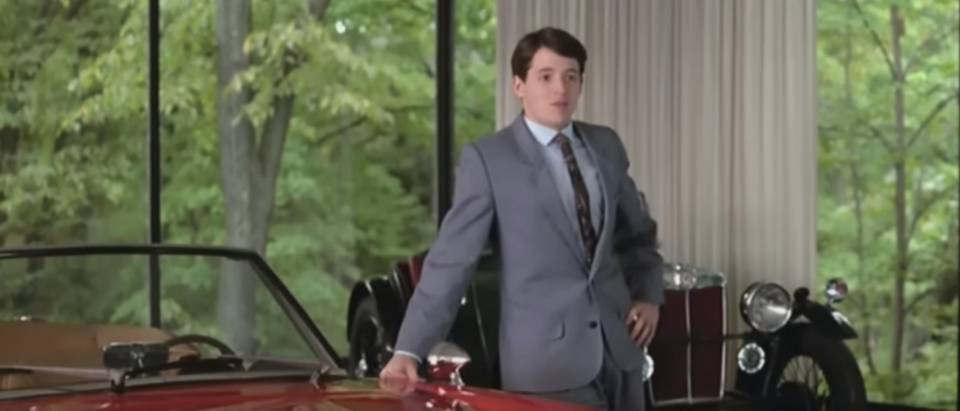 Ferris Bueller poses with a 1961 Ferrari 250. (Screenshot)