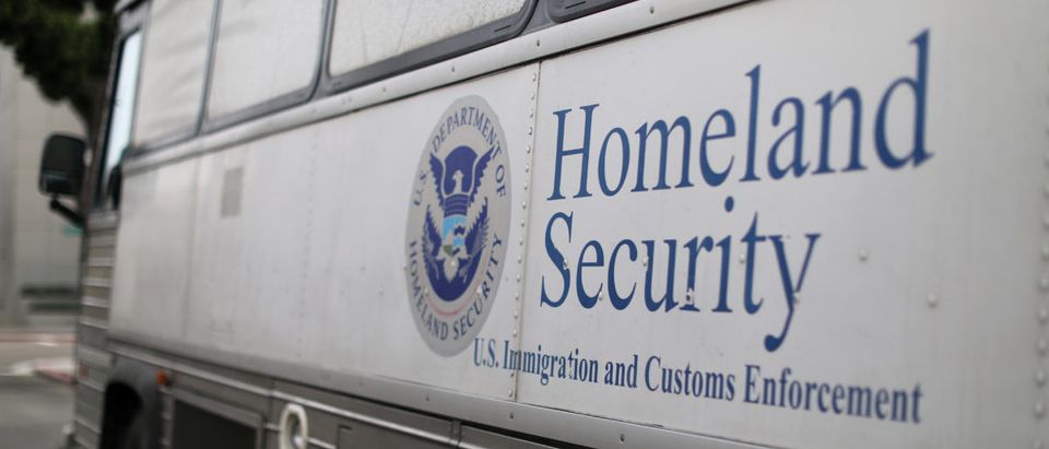Homeland Security ICE bus is parked outside federal jail in San Diego