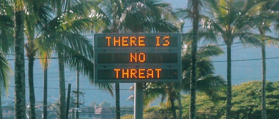 An electronic sign reads "There is no threat" in Oahu, Hawaii, U.S.