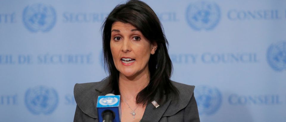 FILE PHOTO: U.S. Ambassador to the United Nations Nikki Haley speaks at UN headquarters in New York, NY, U.S., January 2, 2018. REUTERS/Lucas Jackson/File Photo