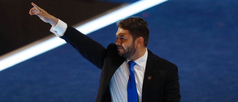 Representative Gallego waves after addressing the Democratic National Convention in Philadelphia