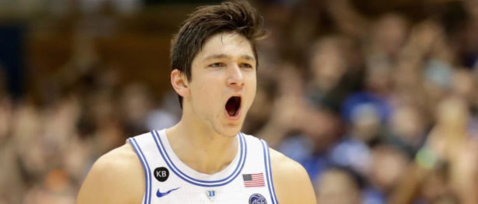 DURHAM, NC - FEBRUARY 04: Grayson Allen #3 of the Duke Blue Devils reacts after a play during their game against the Pittsburgh Panthers at Cameron Indoor Stadium on February 4, 2017 in Durham, North Carolina. (Photo by Streeter Lecka/Getty Images)