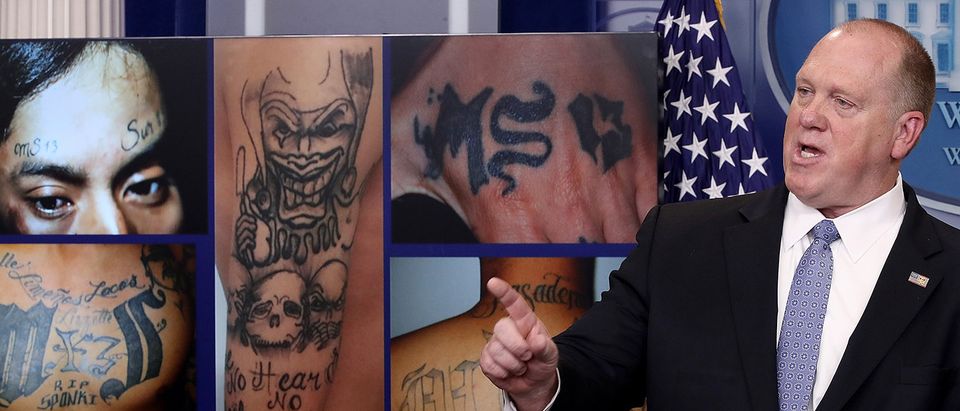 Tom Homan, Director of Immigration and Customs Enforcement, answers questions in front of gang related photos from the MS-13 gang during a daily briefing at the White House July 27, 2017 in Washington, DC. Homan answered a range of questions during the briefing. (Photo by Win McNamee/Getty Images)