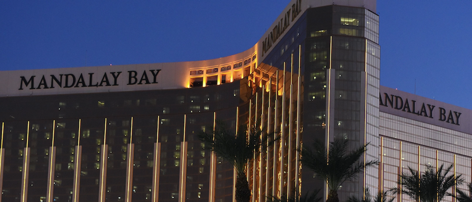 The Mandalay Bay Hotel and Casino, that Stephen Paddock fired from, is seen in the evening in thein Las Vegas, Nevada on October 4, 2017. The attack that left 58 people dead in Las Vegas could impact America's tourism capital, but only in the short term, experts say, predicting a full recovery within months. / AFP PHOTO / Robyn Beck (Photo credit should read ROBYN BECK/AFP/Getty Images)