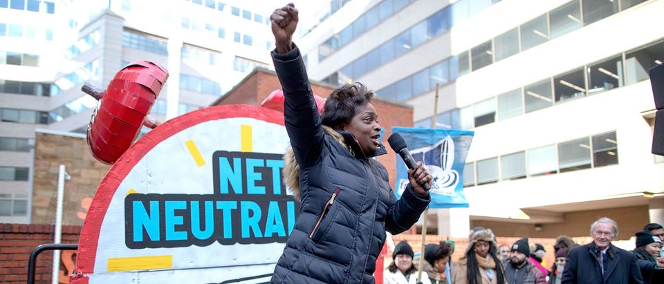 WASHINGTON, DC - DECEMBER 14: Federal Communication Commission Commissioner Mignon Clyburn addresses protesters outside the Federal Communication Commission building to rally against the end of net neutrality rules December 14, 2017 in Washington, DC. Lead by FCC Chairman Ajit Pai, the commission is expected to do away with Obama Administration rules that prevented internet service providers from creating differnt levels of service and blocking or promoting individual companies and organizations on their systems. (Photo by Chip Somodevilla/Getty Images)