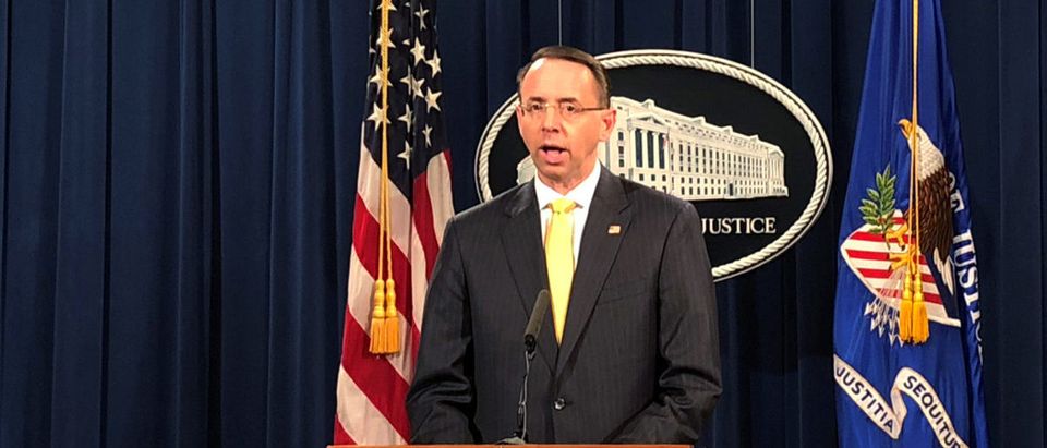 Deputy U.S. Attorney General Rod Rosenstein announces the indictments of more than a dozen Russians charged with conspiring to interfere in the 2016 U.S. election campaign during a news conference at the Justice Department in Washington, U.S., February 16, 2018. REUTERS/David hepardson