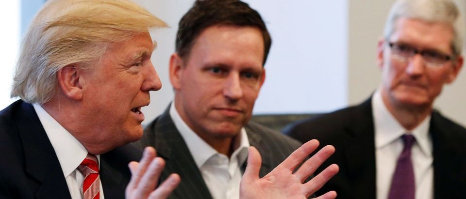 U.S. President-elect Donald Trump speaks as PayPal co-founder and Facebook board member Peter Thiel (C) and Apple Inc CEO Tim Cook look on during a meeting with technology leaders at Trump Tower in New York, December 14, 2016. REUTERS/Shannon Stapleton