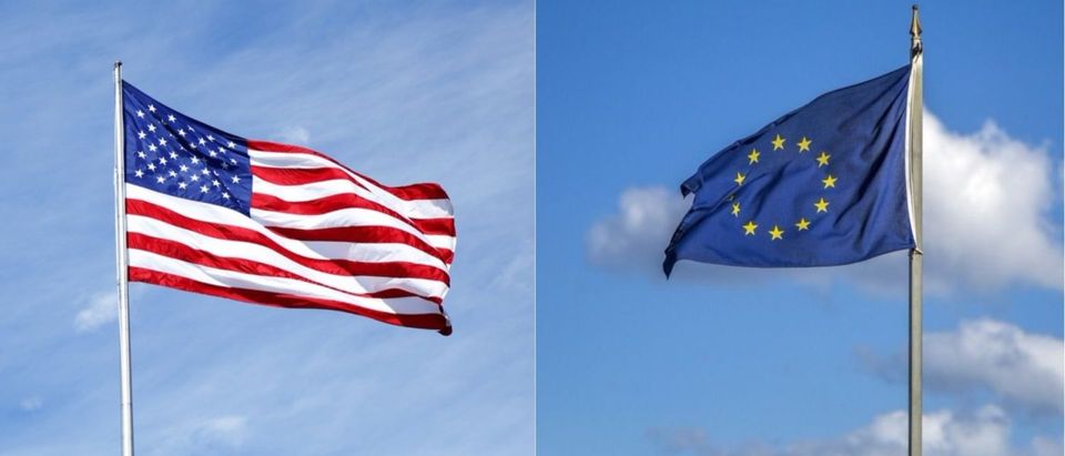 Left: The American flag [Shutterstock - Leonard Zhukovsky] Right: The European Union flag [Shutterstock - Goran Bogicevic]