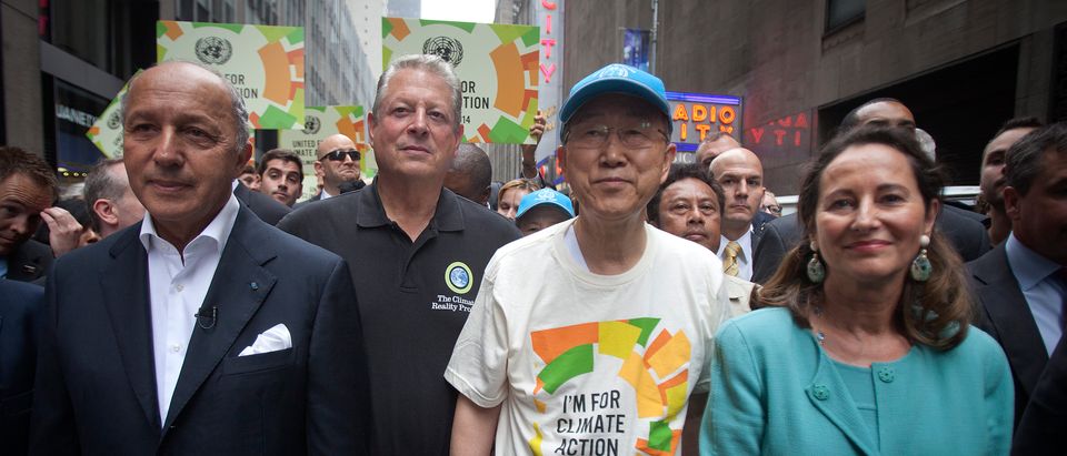 (L-R) French Foreign Minister Laurent Fabius, former United States Vice President Al Gore, United Nations Secretary General Ban Ki-moon and French Environment Minister Segolene Royal take part in the "People's Climate March" down 6th Ave in the Manhattan borough of New York September 21, 2014. Organizers are expecting up to 100,000 to join the People's Climate March in midtown Manhattan ahead of this week's U.N. General Assembly, which brings together 120 world leaders to discuss reducing carbon emissions that threaten the environment. REUTERS/Carlo Allegri (UNITED STATES - Tags: POLITICS CIVIL UNREST ENVIRONMENT TPX IMAGES OF THE DAY) | Climate Alarmists Reject The 'Consensus'
