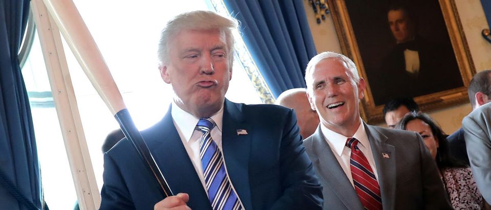 Vice President Mike Pence laughs as U.S. President Donald Trump holds a baseball bat as they attend a Made in America product showcase event at the White House in Washington, U.S., July 17, 2017. REUTERS/Carlos Barria | US Takes Aim At Chinese Development Plan