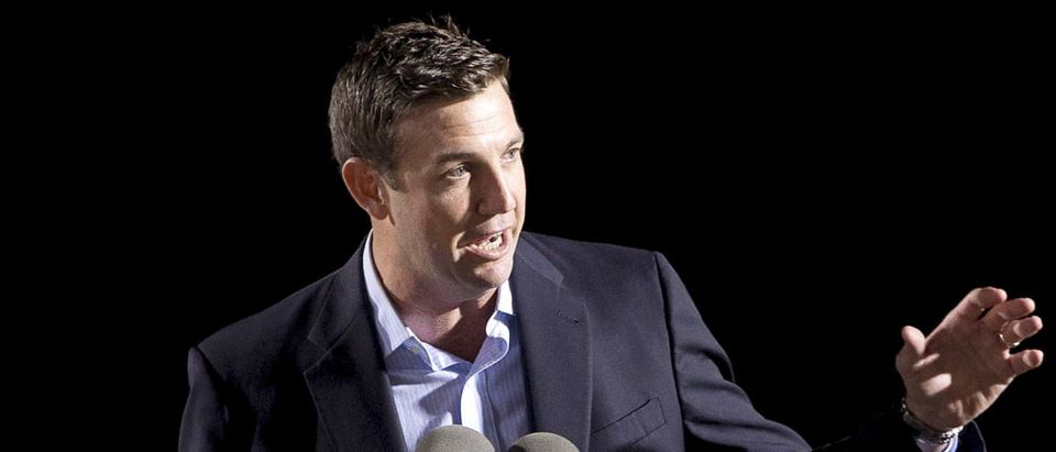 U.S. Congressman Duncan D. Hunter (R-CA) speaks at the launch of the Isla Bella, the first container ship to be powered by liquid natural gas, during a nighttime ceremony at General Dynamics NASSCO shipyard in San Diego, California April 18, 2015. The 764-foot Marlin-class containership was built for the transportation and logistics company TOTE. REUTERS/Earnie Grafton