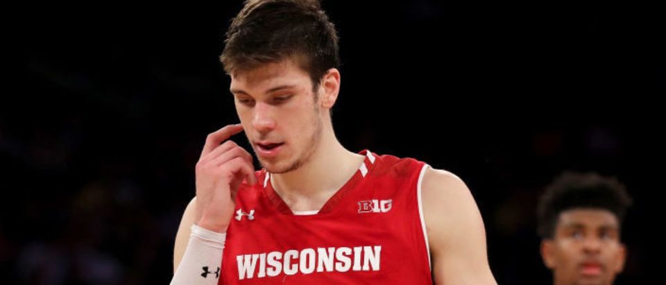 NEW YORK, NY - MARCH 02: Ethan Happ #22 of the Wisconsin Badgers reacts in the final minute of the game against the Michigan State Spartans during quarterfinals of the Big Ten Basketball Tournament at Madison Square Garden on March 2, 2018 in New York City.The Michigan State Spartans defeated the Wisconsin Badgers 63-60. (Photo by Elsa/Getty Images)