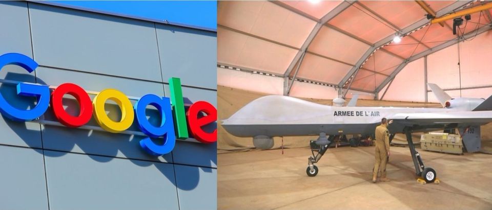 Left: Google logo at one of the company headquarters. [Shutterstock - Denis Linine] Right: A Reaper drone aircraft before a flight. (Photo: LUDOVIC MARIN/AFP/Getty Images)