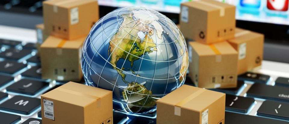 Internet shopping, online purchases, e-commerce, package delivery concept, global transportation business, stack of cardboard boxes and Earth globe on computer, 3d illustration - Elements by NASA. (Shutterstock)