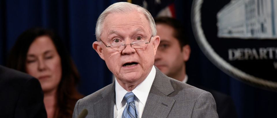 U.S. Attorney General Jeff Sessions speaks during a news conference at the Department of Justice in Washington, U.S., February 22, 2018. REUTERS/Sait Serkan Gurbuz