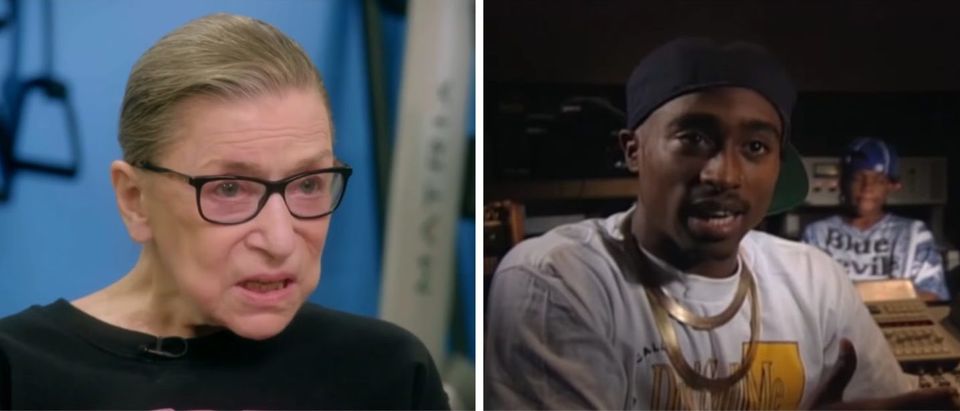 L: Justice Ruth Bader Ginsburg. R: Rapper Tupac Shakur in 1992. (YouTube screenshots)