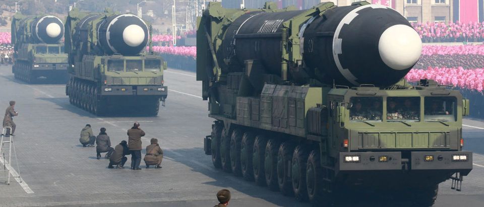 Intercontinental ballistic missiles are seen at a grand military parade celebrating the 70th founding anniversary of the Korean People's Army at the Kim Il Sung Square in Pyongyang