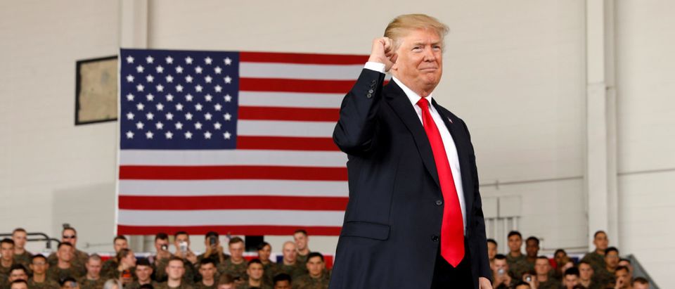 FILE PHOTO: U.S. President Donald Trump pumps his fist after speaking at Marine Corps Air Station Miramar in San Diego, California