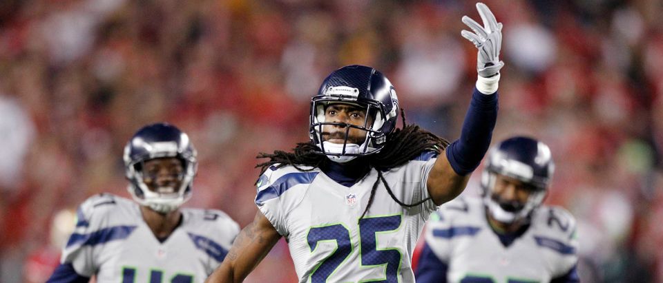 Seattle Seahawks cornerback Richard Sherman (25) reacts after recording an interception against the San Francisco 49ers in the first quarter at Levi's Stadium Nov 27, 2014, in Santa Clara, California. Photo: Cary Edmondson-USA TODAY Sports