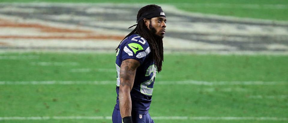 Richard Sherman #25 of the Seattle Seahawks looks on late in the game against the New England Patriots during Super Bowl XLIX at University of Phoenix Stadium on February 1, 2015 in Glendale, Arizona. (Photo by Andy Lyons/Getty Images)