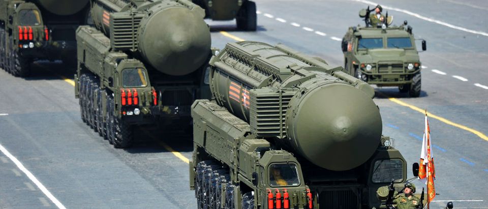Russian RS-24 Yars/SS-27 Mod 2 solid-propellant intercontinental ballistic missiles drive during the Victory Day parade at Red Square in Moscow