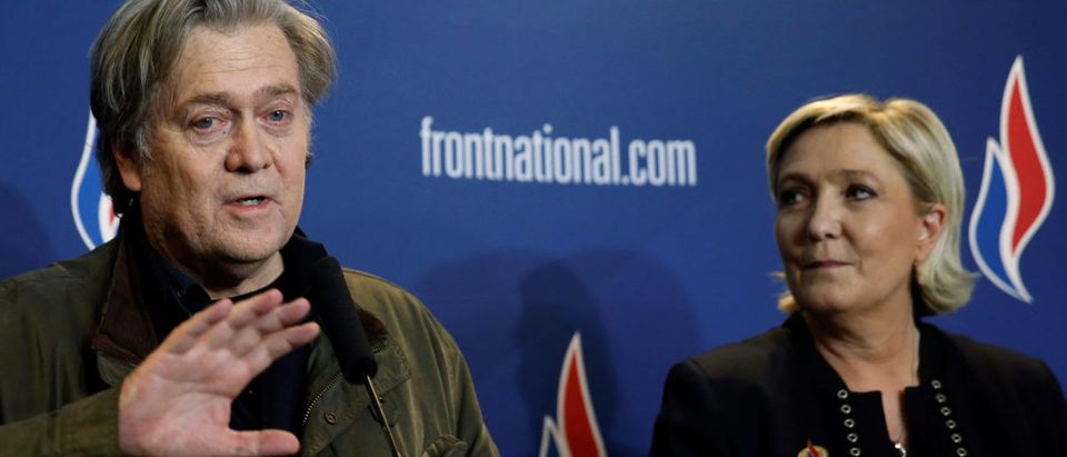 Marine Le Pen, National Front political party leader, and Former White House Chief Strategist Steve Bannon attend a news conference, during the party's convention in Lille