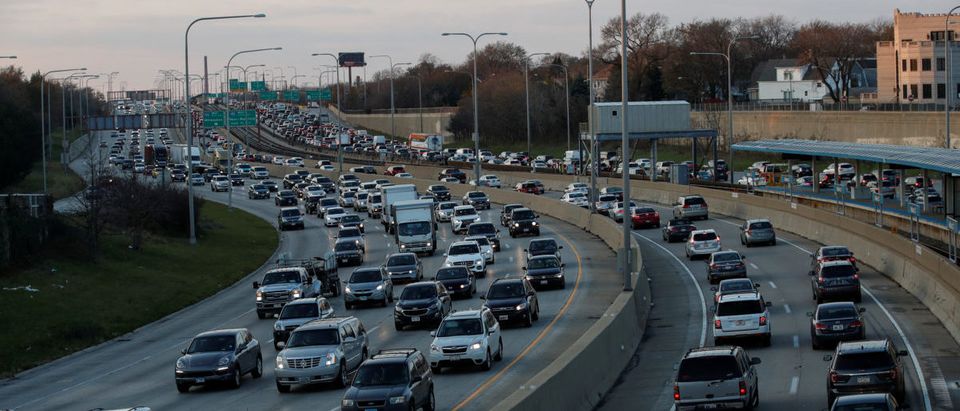 Travelers are stuck in a traffic jam as people hit the road before the busy Thanksgiving Day weekend in Chicago, Illinois