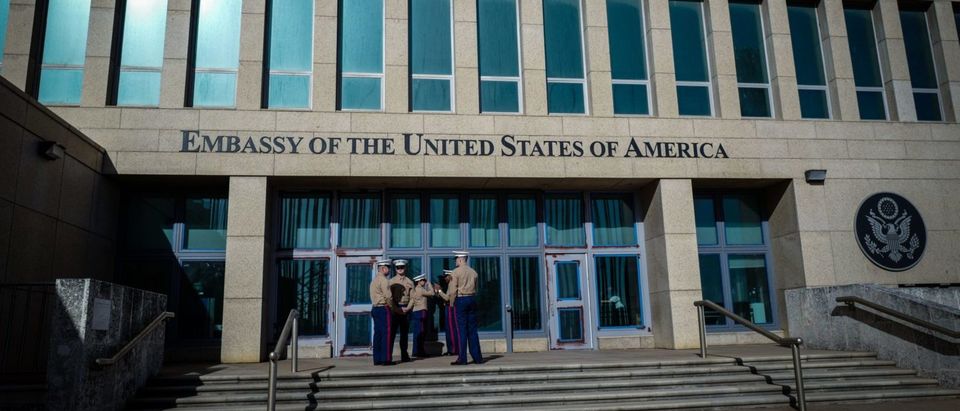 U.S. Marines stand outside the Embassy of the United State of America in Havana, on February 21, 2018. / AFP PHOTO / ADALBERTO ROQUE (Photo credit should read ADALBERTO ROQUE/AFP/Getty Images)