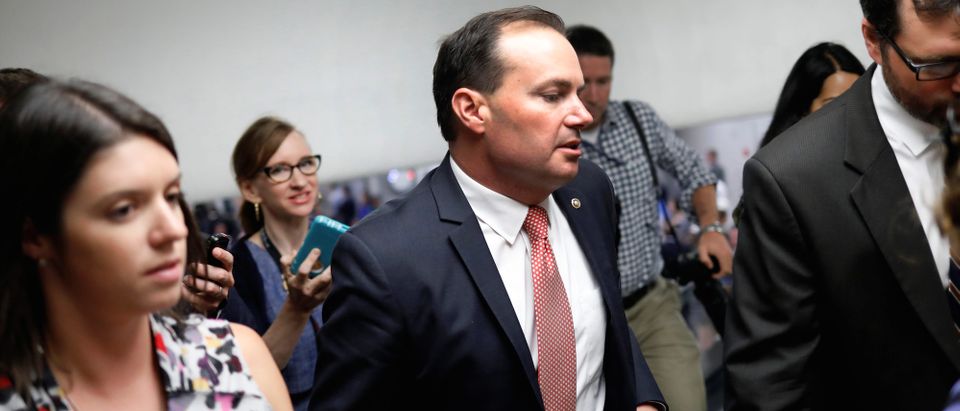 Senator Mike Lee (R-UT) speaks with reporters about the withdrawn Republican health care bill on Capitol Hill in Washington, July 18, 2017. REUTERS/Aaron P. Bernstein