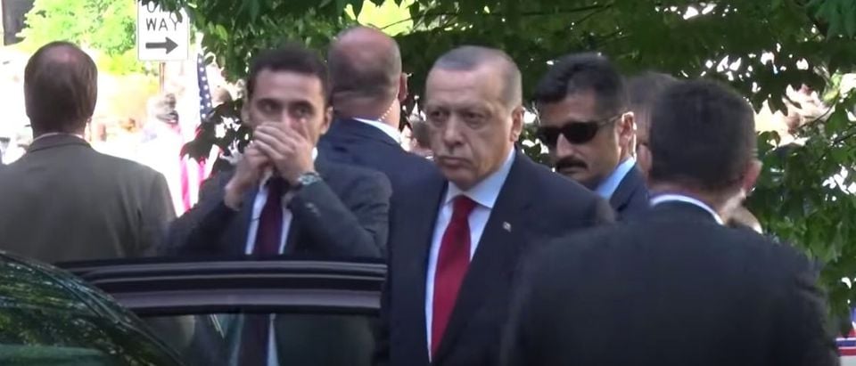 Recep Tayyip Erdogan outside of Turkish ambassador's residence in Washington, D.C. May 16, 2017. (YouTube screen capture/VOA News)