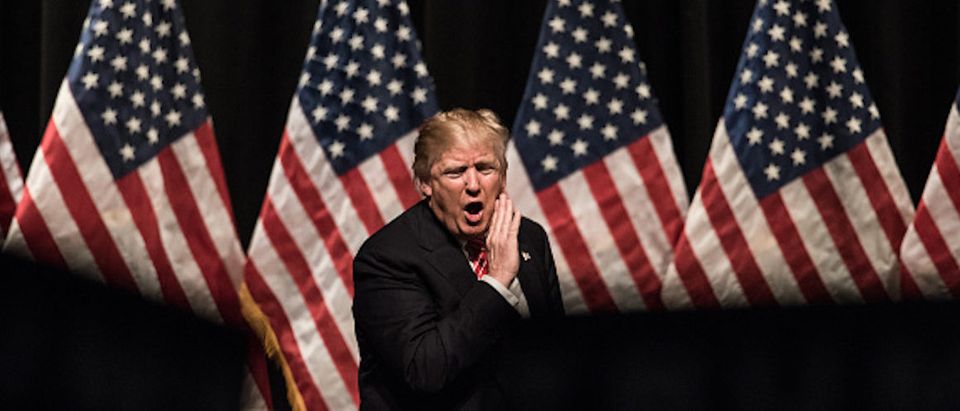 HICKORY, NC - MARCH 14: Republican presidential candidate Donald Trump yells into the crowd at the conclusion of a campaign rally at Lenoir-Rhyne University March 14, 2016 in Hickory, North Carolina. The North Carolina Republican primary will be held March 15. (Photo by Sean Rayford/Getty Images) | Trump Rips Dems 'Obstructing' Nominations