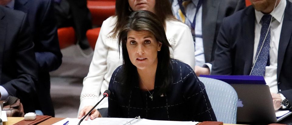 United States Ambassador to the United Nations Nikki Haley speaks during a United Nations Security Council meeting on the Crisis in the Middle East at the UN headquarters in New York, April 17, 2018. REUTERS/Shannon Stapleton