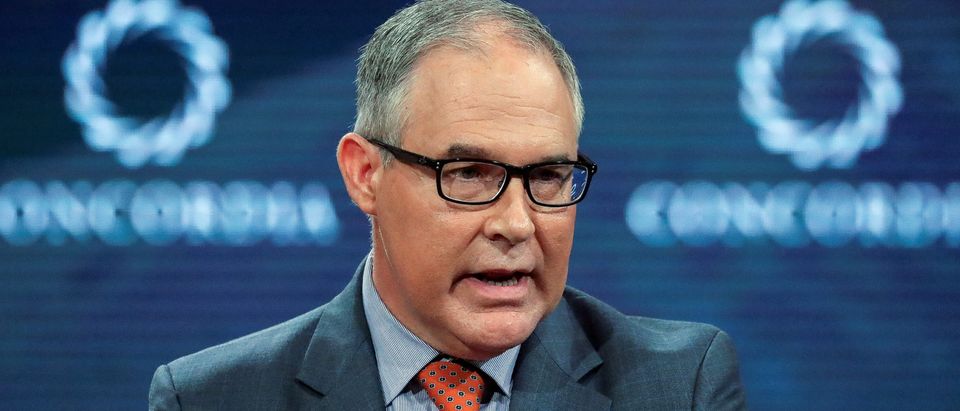FILE PHOTO: Scott Pruitt, administrator of the U.S. Environmental Protection Agency, answers a question during the Concordia Summit in Manhattan, New York, U.S., September 19, 2017. REUTERS/Jeenah Moon/File Photo -