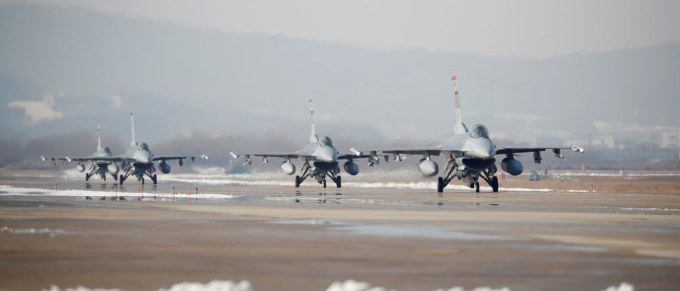 U.S. Air Force F-16 fighter jets take part in a joint aerial drill exercise called 'Vigilant Ace' between U.S. and South Korea, at the Osan Air Base in Pyeongtaek