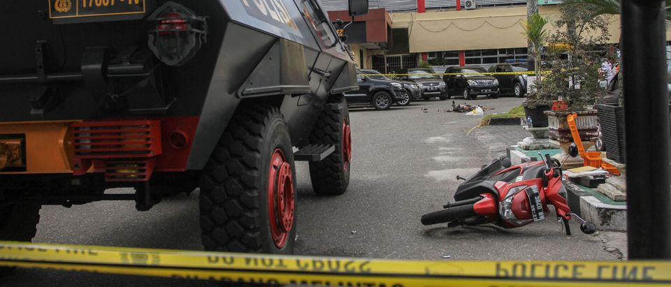 A general view of the scene following an attack at the entrance of a police station in Pekanbaru, Indonesia May 16, 2018 in this photo taken by Antara Foto. Antara Foto/ Rony Muharrman/ via REUTERS