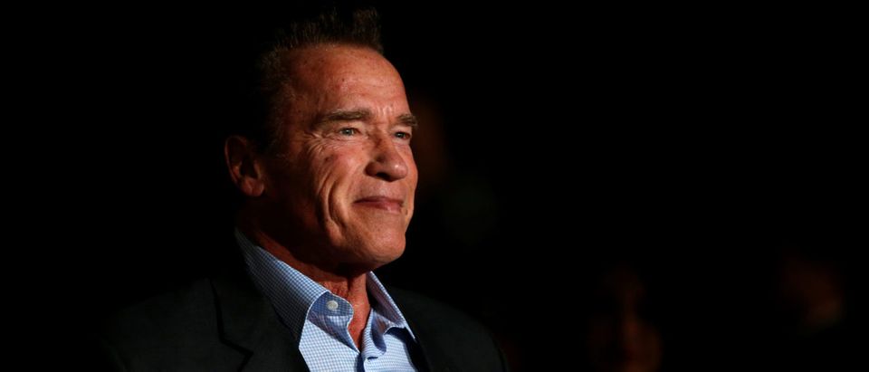 Actor Schwarzenegger poses at a premiere for "The 15:17 to Paris" in Burbank