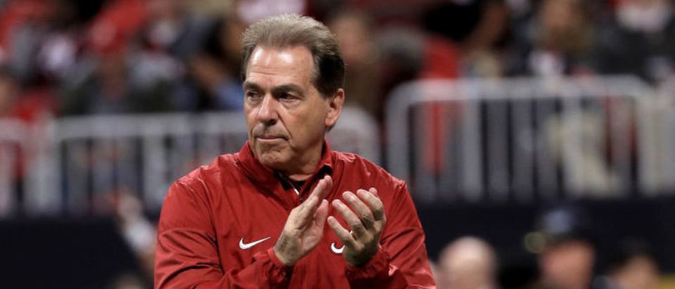 ATLANTA, GA - JANUARY 08: Head coach Nick Saban of the Alabama Crimson Tide walks on the field during warm ups prior to the game against the Georgia Bulldogs in the CFP National Championship presented by AT&T at Mercedes-Benz Stadium on January 8, 2018 in Atlanta, Georgia. (Photo by Mike Ehrmann/Getty Images)